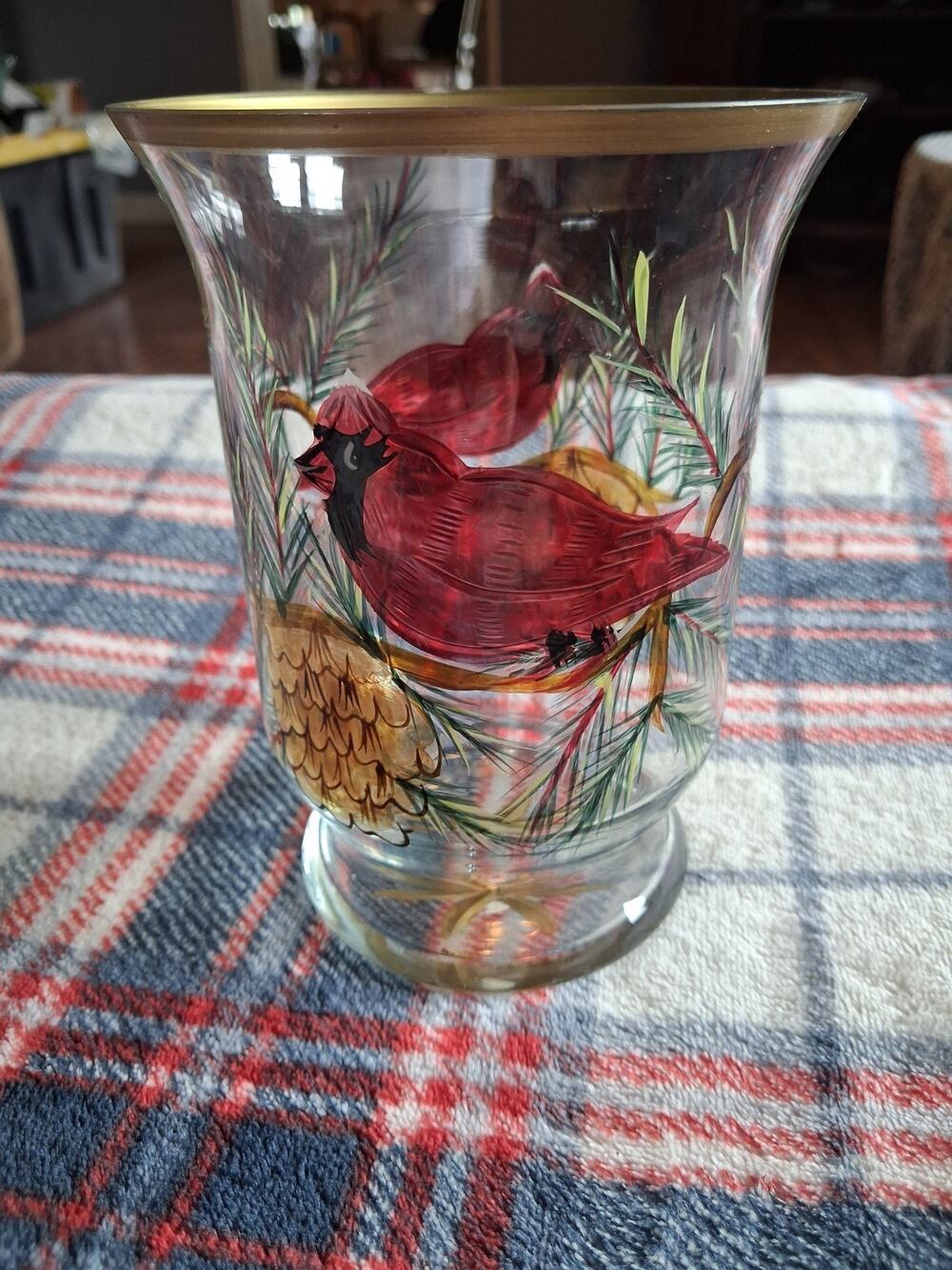 Holiday Cardinal Candle Tealight Etched Hurricane by Celebrations Hand-Painted